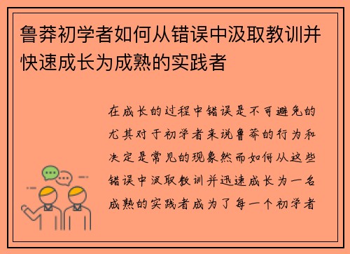 鲁莽初学者如何从错误中汲取教训并快速成长为成熟的实践者