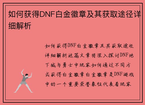 如何获得DNF白金徽章及其获取途径详细解析